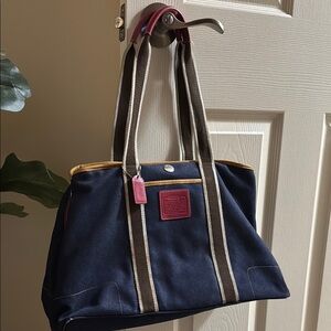 Coach Navy Tote with Red and Tan Details